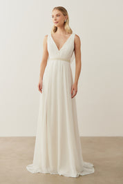 Vestido de Festa Longo com Decote em V, Cinto Bordado e Fenda - Elis Off White