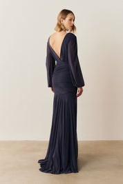 Vestido de Festa Longo com Mangas Longas e Fenda - Núbia Marinho