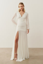 Vestido de Festa Longo com Mangas Longas e Fenda - Núbia Off White