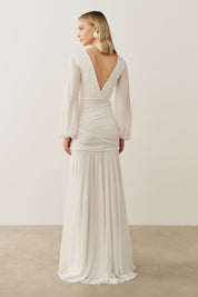 Vestido de Festa Longo com Mangas Longas e Fenda - Núbia Off White