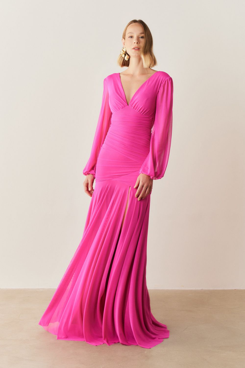 Vestido de Festa Longo com Mangas Longas e Fenda - Núbia Pink