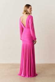 Vestido de Festa Longo com Mangas Longas e Fenda - Núbia Pink