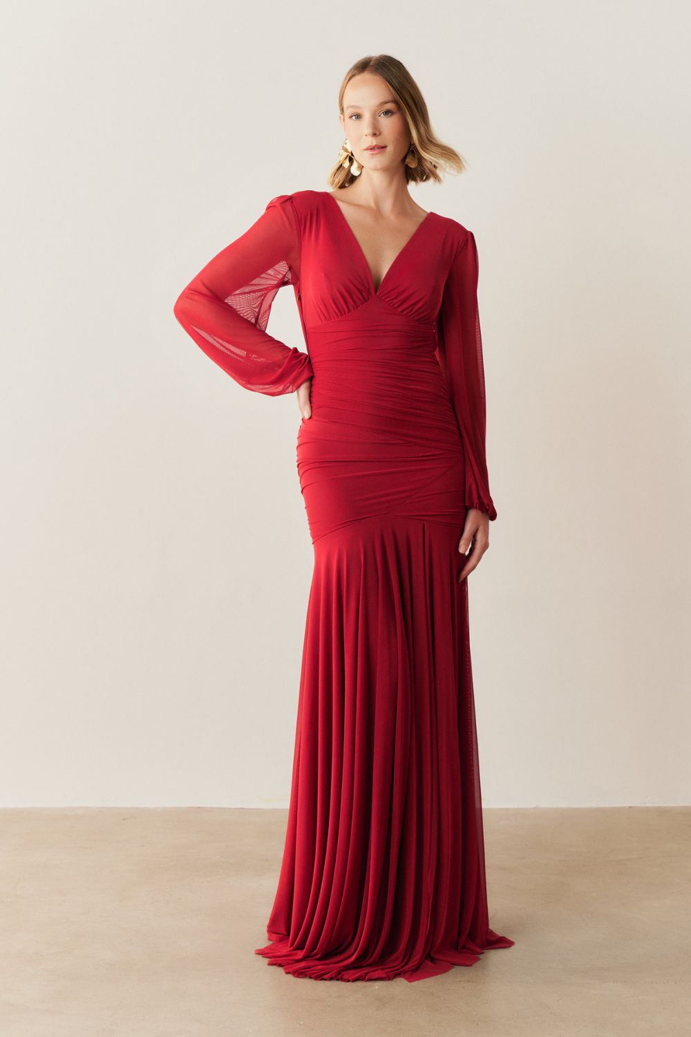 Vestido de Festa Longo com Mangas Longas e Fenda - Núbia Vermelho