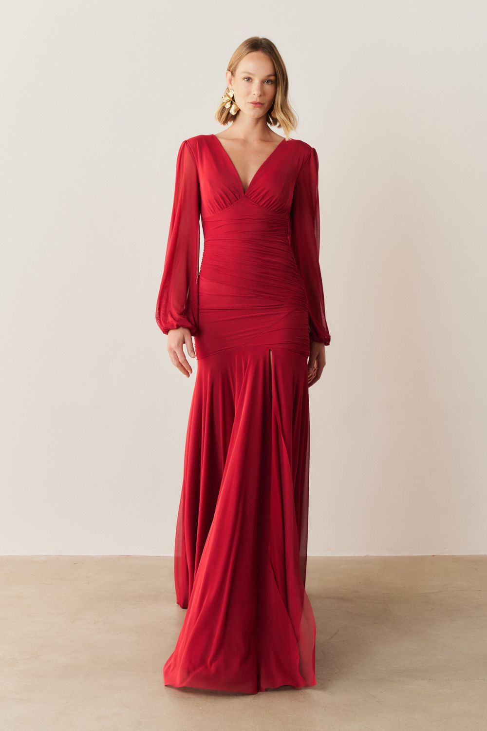 Vestido de Festa Longo com Mangas Longas e Fenda - Núbia Vermelho