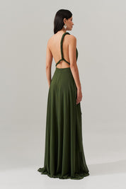 Vestido de Festa Longo de Chiffon com Fenda Lateral - Mil Formas Verde Oliva