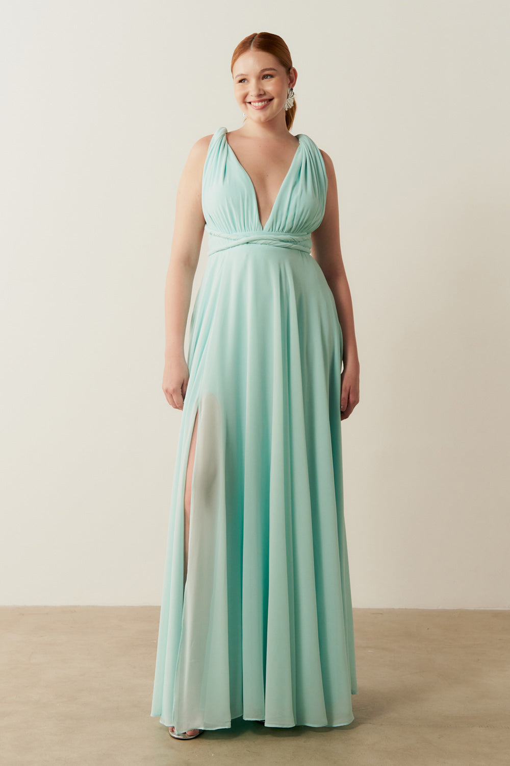 Vestido de Festa Longo de Chiffon e Fenda Lateral - Mil Formas Verde Tiffany