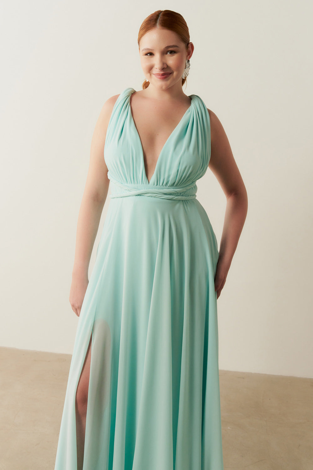 Vestido de Festa Longo de Chiffon e Fenda Lateral - Mil Formas Verde Tiffany