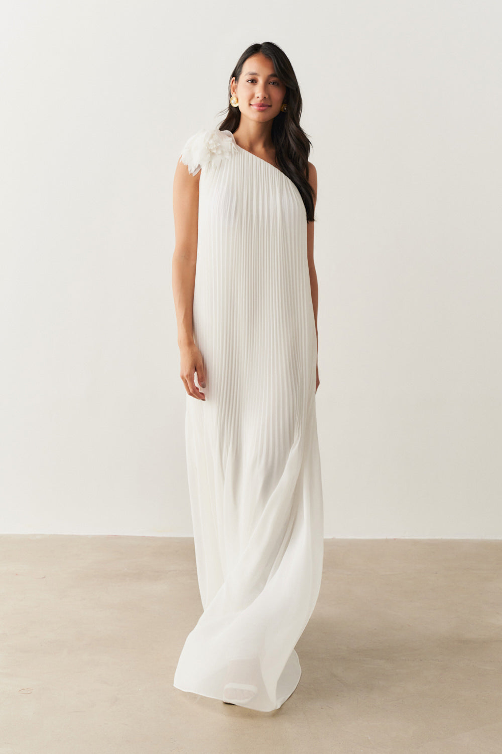 Vestido de Festa Longo e Plissado com Decote Ombro Único - Paris Off White