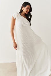 Vestido de Festa Longo e Plissado com Decote Ombro Único - Paris Off White