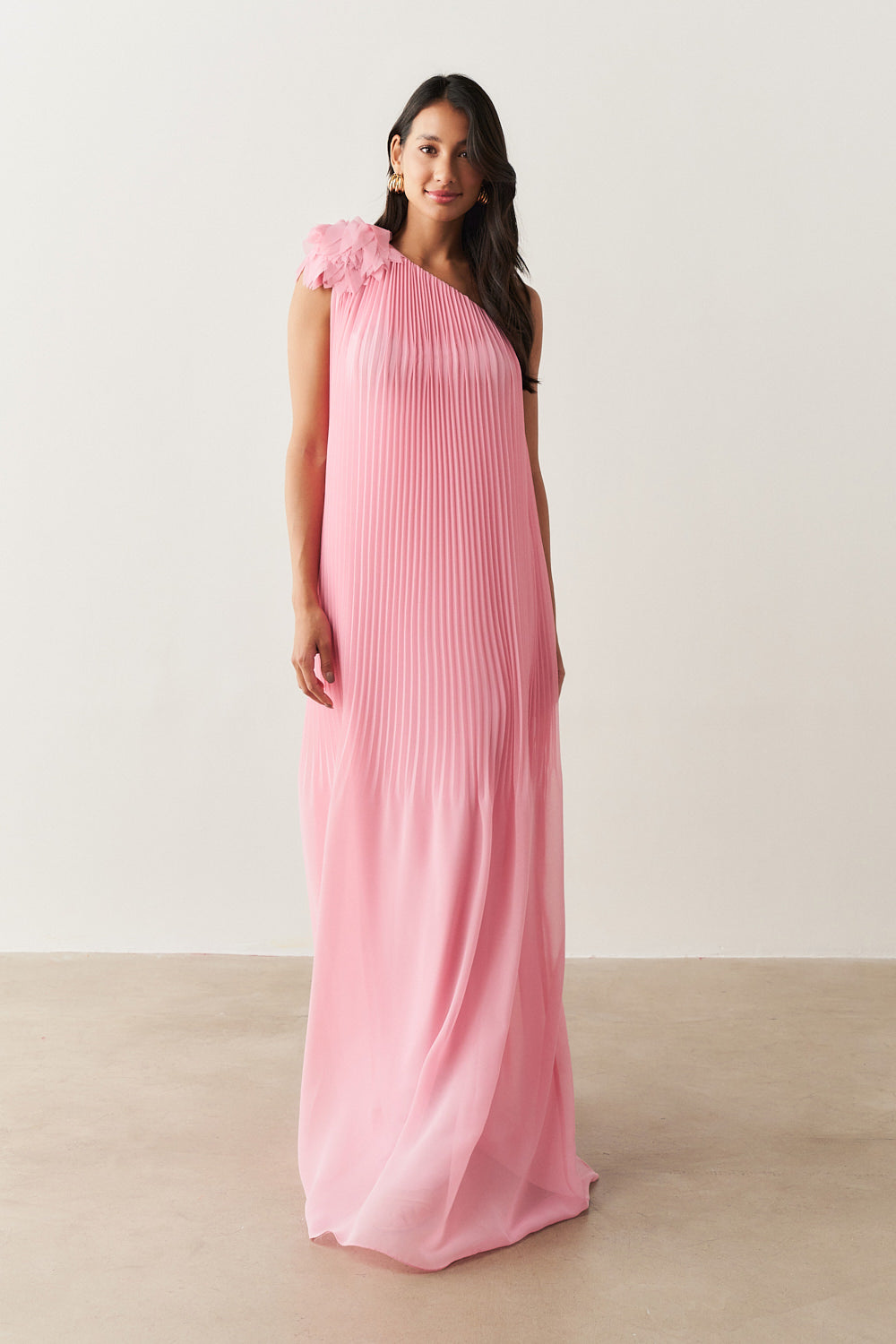 Vestido de Festa Longo e Plissado com Decote Ombro Único - Paris Rosa