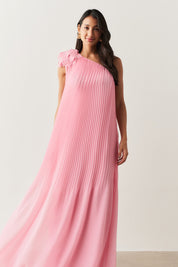 Vestido de Festa Longo e Plissado com Decote Ombro Único - Paris Rosa
