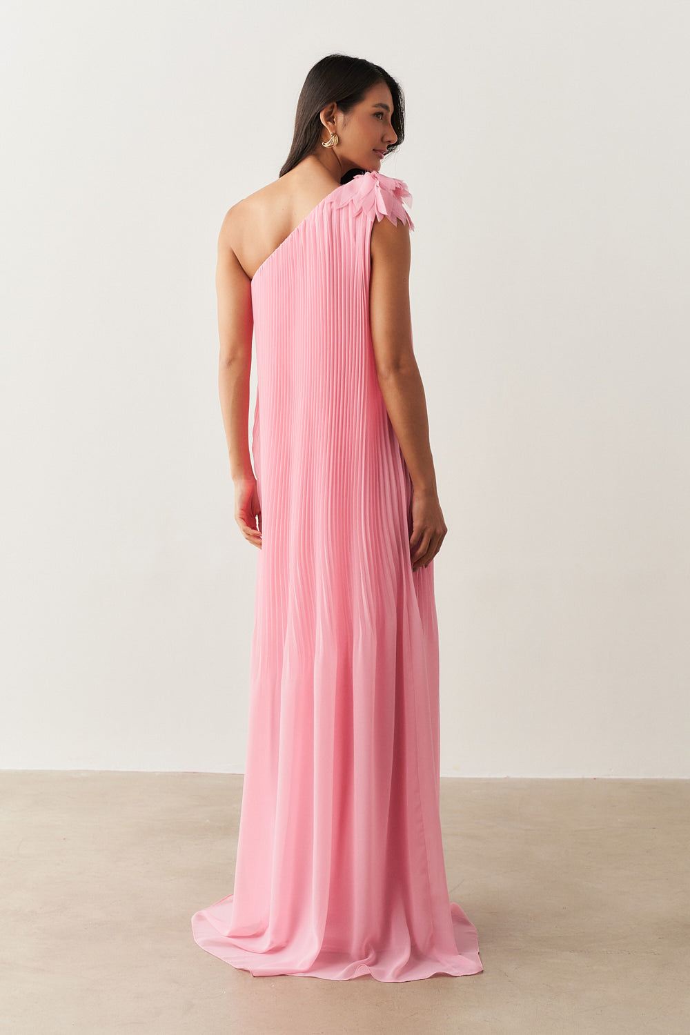 Vestido de Festa Longo e Plissado com Decote Ombro Único - Paris Rosa