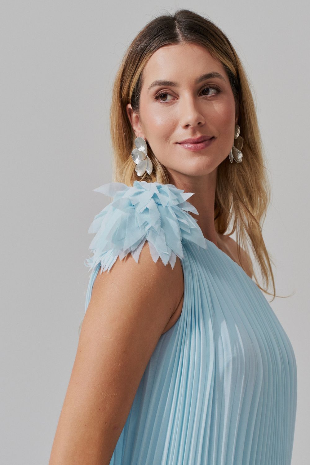 Vestido de Festa Longo e Plissado com Decote Ombro Único - Paris Serenity