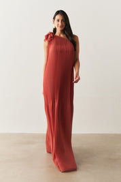 Vestido de Festa Longo e Plissado com Decote Ombro Único - Paris Terracota