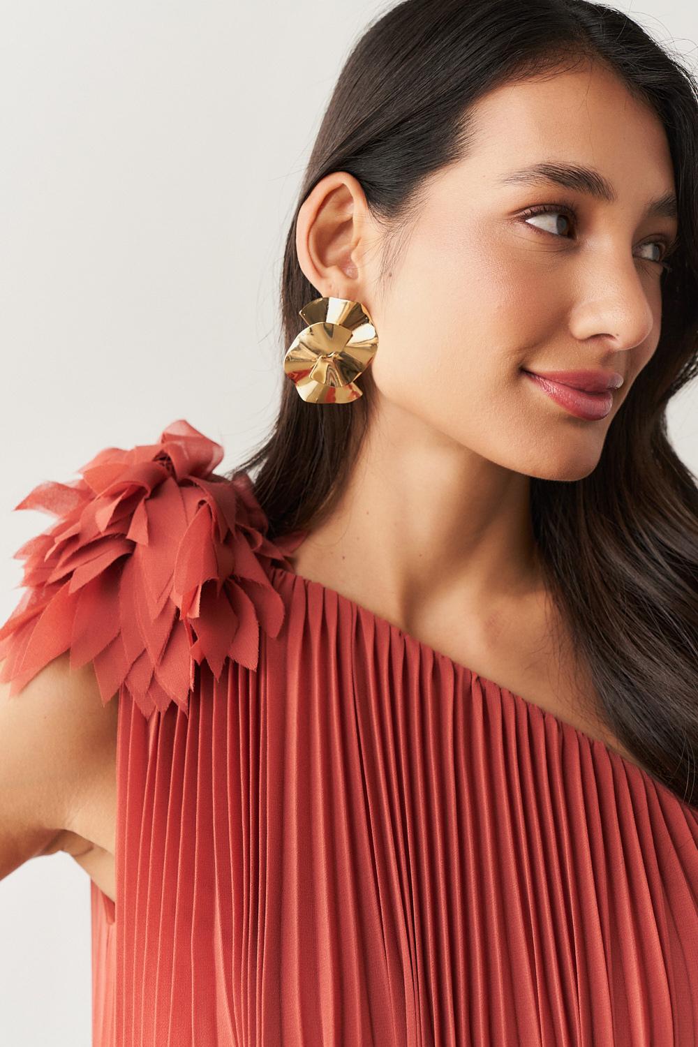 Vestido de Festa Longo e Plissado com Decote Ombro Único - Paris Terracota