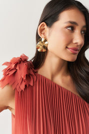 Vestido de Festa Longo e Plissado com Decote Ombro Único - Paris Terracota