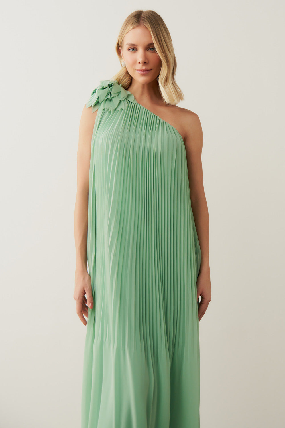 Vestido de Festa Longo e Plissado com Decote Ombro Único - Paris Verde Menta