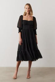 Vestido Midi com Detalhe em Renda Guipir  - Aiko Preto