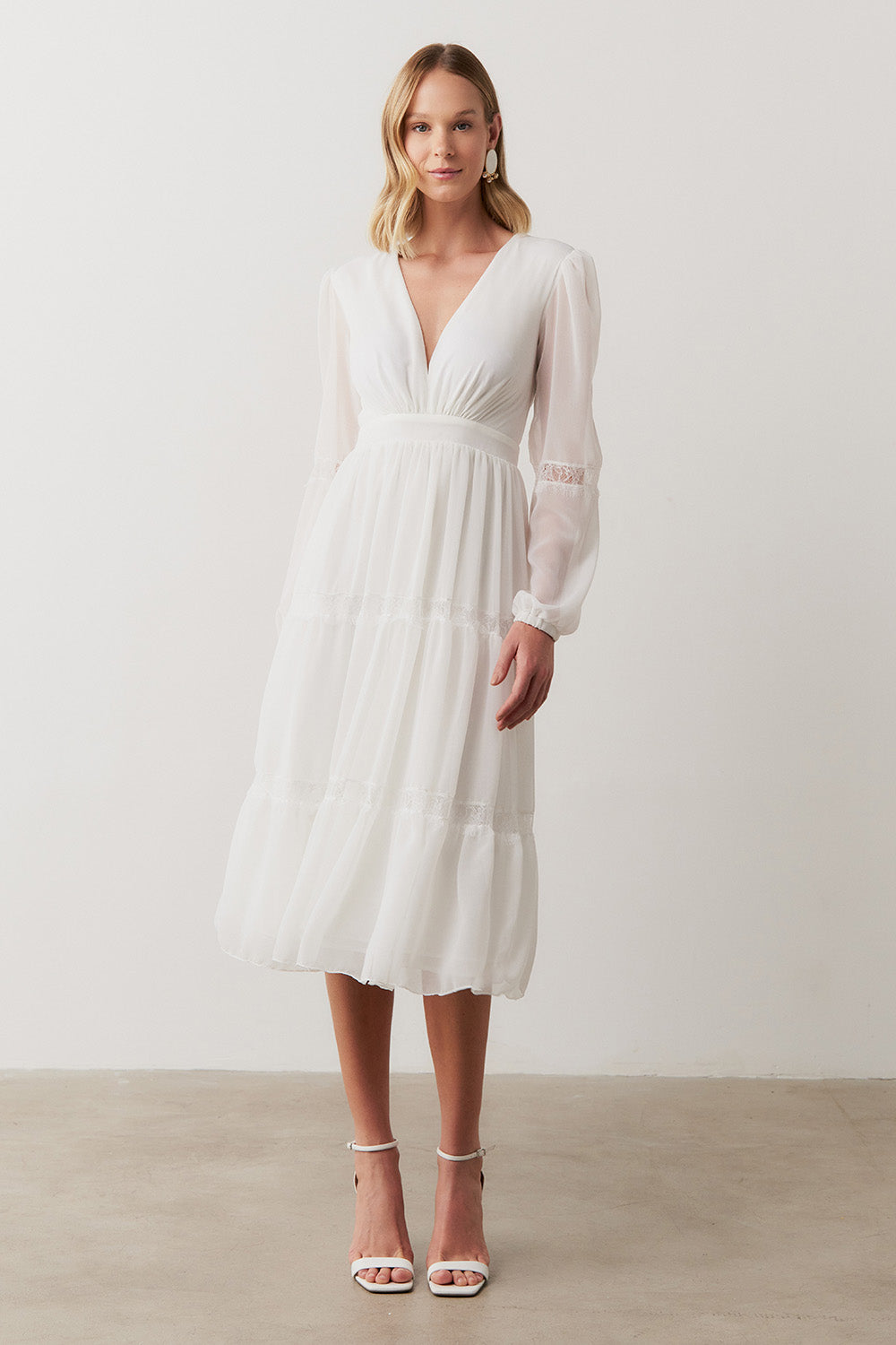 Vestido Midi com Decote V e Manga Longa - Manu Off White