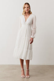 Vestido Midi com Decote V e Manga Longa - Manu Off White