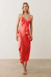 Vestido Long Midi com Decote em V e Babados - Córdoba Coral