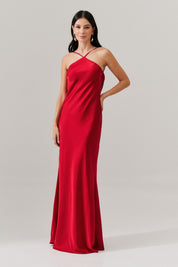 Vestido Long Midi de Cetim com Decote Triangular e Amarração nas Costas - Capri Vermelho