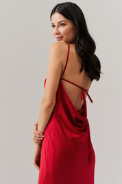 Vestido Long Midi de Cetim com Decote Triangular e Amarração nas Costas - Capri Vermelho