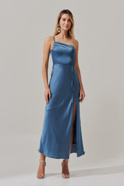 Vestido Long Midi Ombro Único em Cetim com Fenda Lateral - Jordânia Azul Jeans