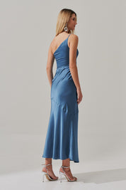 Vestido Long Midi Ombro Único em Cetim com Fenda Lateral - Jordânia Azul Jeans