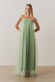 Vestido Long Midi Amplo com Decote Semi Coração e Babados  - Arabia Menta