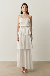 Vestido Long Midi com Alças Finas e Camadas Sobrepostas - Santiago Off White