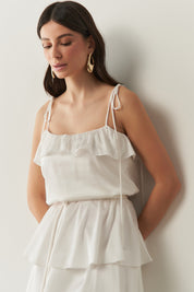 Vestido Long Midi com Alças Finas e Camadas Sobrepostas - Santiago Off White