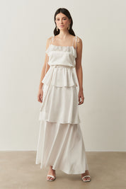 Vestido Long Midi com Alças Finas e Camadas Sobrepostas - Santiago Off White