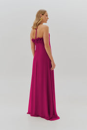 Vestido Longo com Babados no Decote e Amarração - Portugal Fúcsia