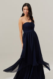 Vestido Longo com Busto Drapeado, Saia com Babados Assimétricos e Alça removível - Noruega Marinho