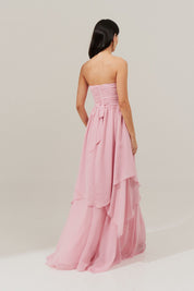 Vestido Longo com Busto Drapeado, Saia com Babados Assimétricos e Alça removível - Noruega Rosa