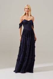 Vestido Longo com Busto Estruturado, Mangas Caídas e Saia com Babados - Bari Azul Marinho