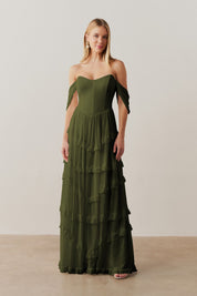 Vestido Longo com Busto Estruturado, Mangas Caídas e Saia com Babados - Bari Oliva