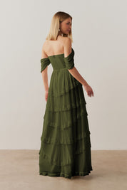 Vestido Longo com Busto Estruturado, Mangas Caídas e Saia com Babados - Bari Oliva