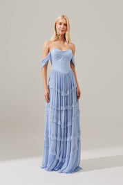 Vestido Longo com Busto Estruturado, Mangas Caídas e Saia com Babados - Bari Serenity