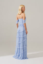 Vestido Longo com Busto Estruturado, Mangas Caídas e Saia com Babados - Bari Serenity