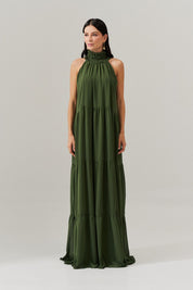 Vestido Longo com Decote Alto, Saia Fluída e Leves Franzidos - Nadine Oliva