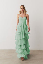 Vestido Longo com Decote coração, Alças Finas e Saia em Babados - Indonésia Menta