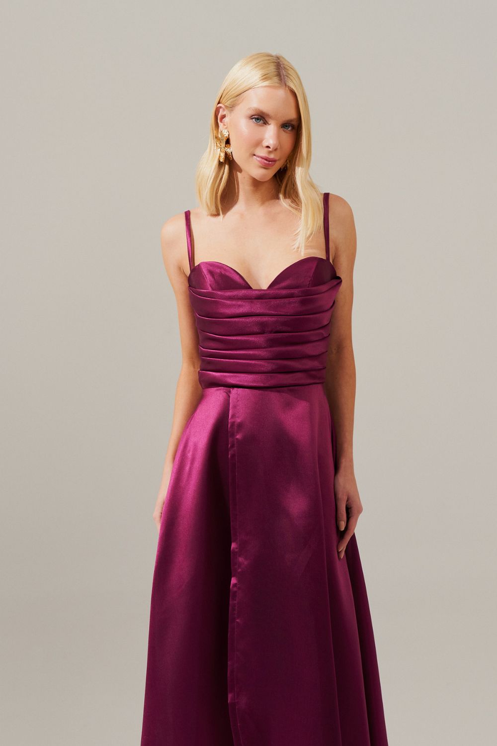 Vestido Longo com Decote Coração e Detalhes em Prega no Busto - Escócia Fúcsia