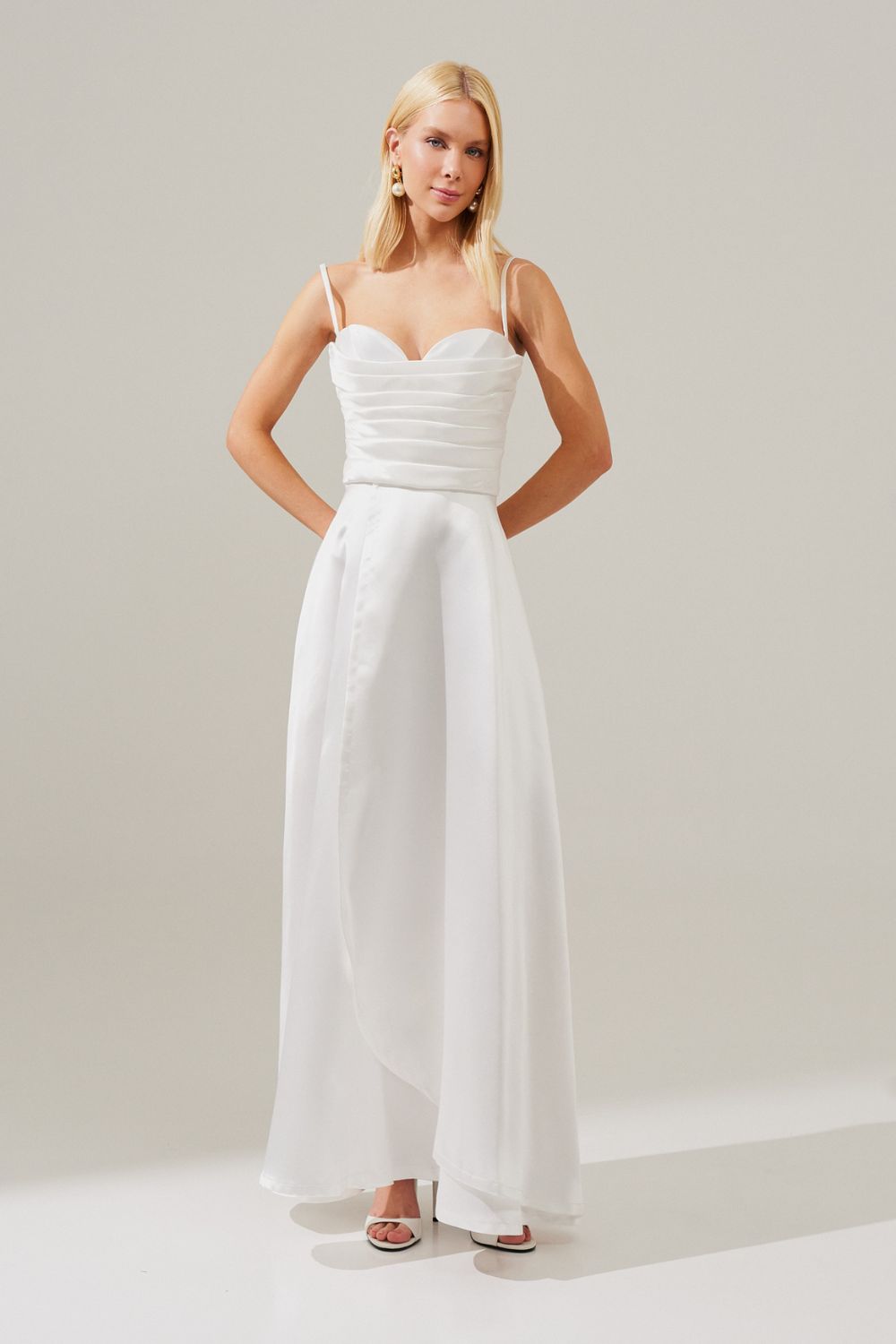 Vestido Longo com Decote Coração e Detalhes em Prega no Busto - Escócia Off White