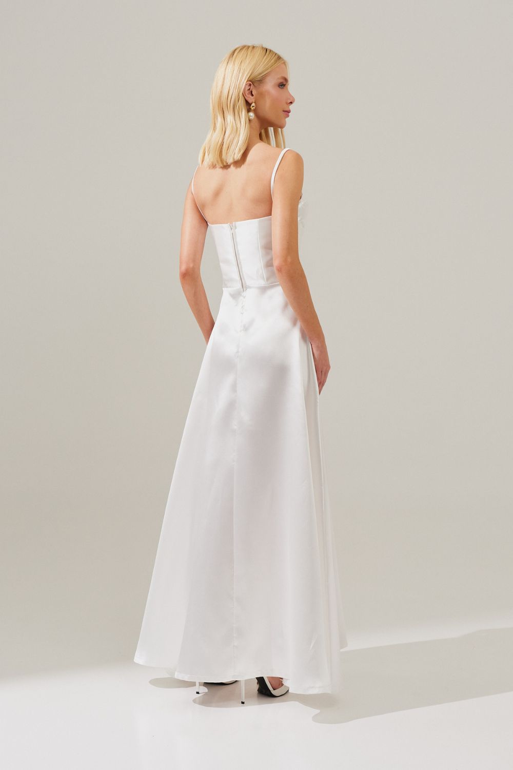 Vestido Longo com Decote Coração e Detalhes em Prega no Busto - Escócia Off White