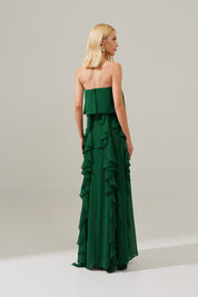 Vestido Longo com Decote Reto, Babados na Saia e Echarpe - Catalunha Bandeira