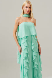 Vestido Longo com Decote Reto, Babados na Saia e Echarpe - Catalunha Tiffany