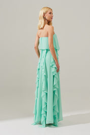 Vestido Longo com Decote Reto, Babados na Saia e Echarpe - Catalunha Tiffany