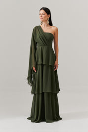 Vestido Longo com Decote Reto, Manga Longa Flare e Saia em Camadas - Austin Oliva